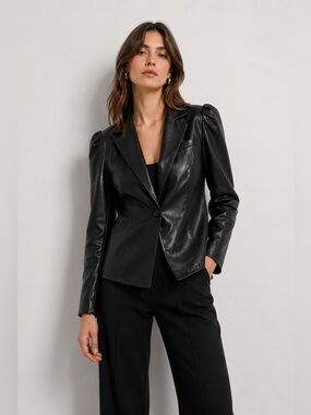Black Faux Leather Blazer Jacket
